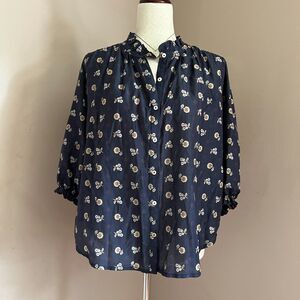 MABE Dulcie Floral Ruffle Neck Cotton Silk Button Blouse Prairie Cottage Size M